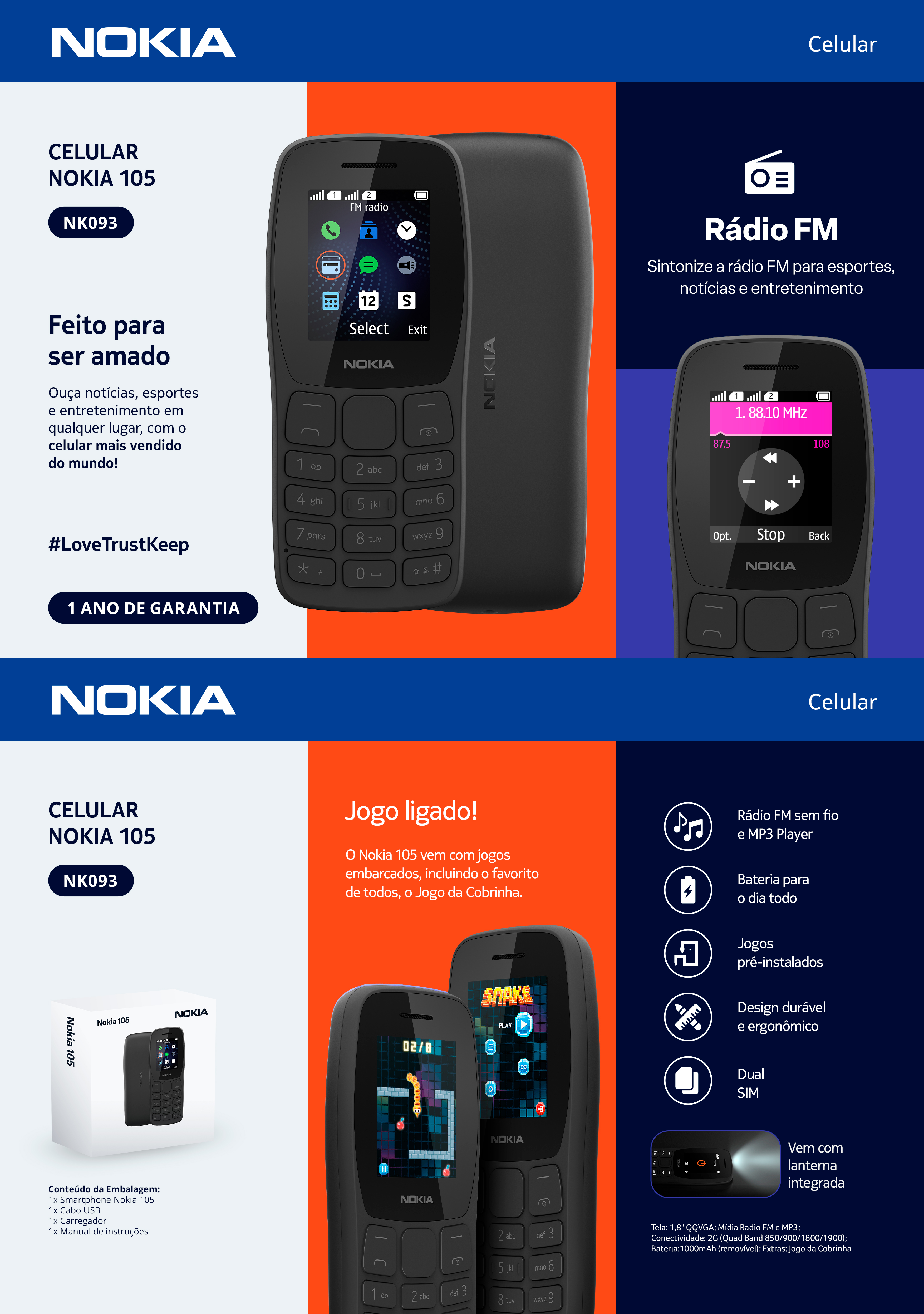 Celular Nokia 105 Dual Chip + Rádio FM + Lanterna + Jogos pré-instalados -  Preto - NK093