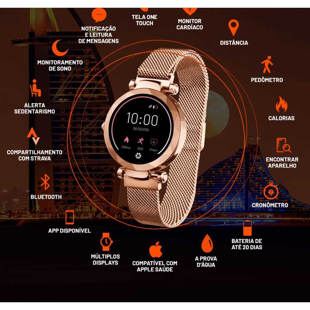 Relógio Smartwatch Dubai Dourado Hr Leitura De Msg A Prova D Agua Es266  Atrio - NovoLare